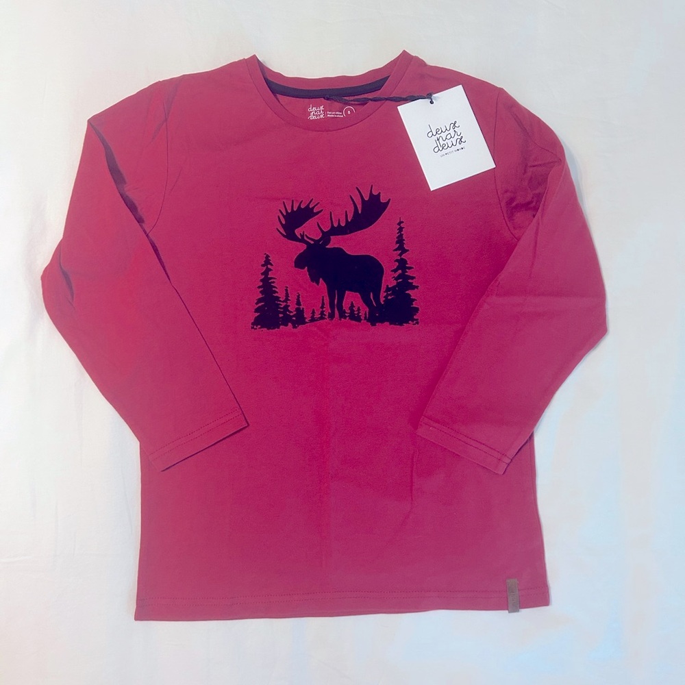 NWT Deux Par Deux Red Long Sleeve T-Shirt with Moose Print Size 8